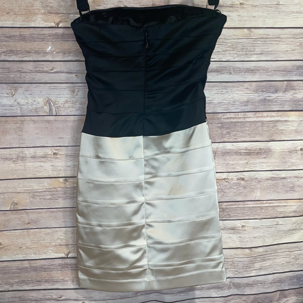 Bebe Strapless Satin Black & Champagne Bandage Dress - Picture 8 of 12